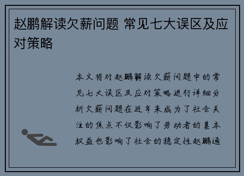 赵鹏解读欠薪问题 常见七大误区及应对策略