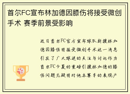 首尔FC宣布林加德因膝伤将接受微创手术 赛季前景受影响
