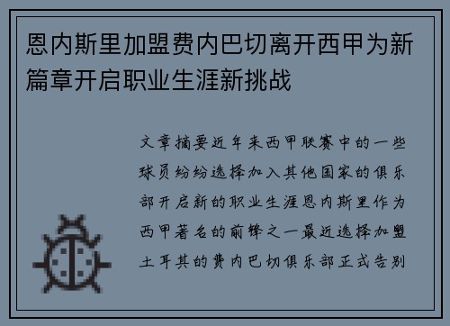 恩内斯里加盟费内巴切离开西甲为新篇章开启职业生涯新挑战
